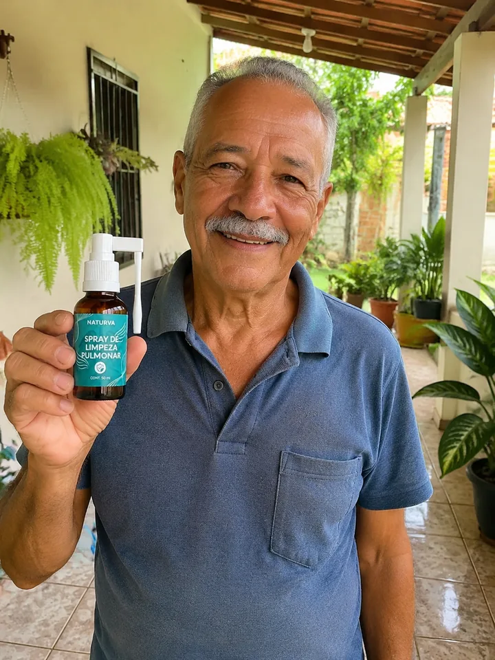 Cliente na varanda de casa segurando o frasco do Naturva™ Spray de Limpeza Pulmonar
