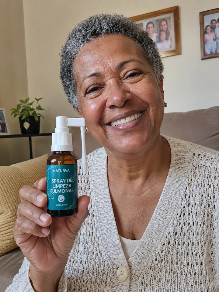 Cliente na sala de estar segurando o frasco do Naturva™ Spray de Limpeza Pulmonar