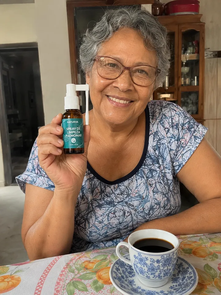 Cliente à mesa do café segurando o frasco do Naturva™ Spray de Limpeza Pulmonar